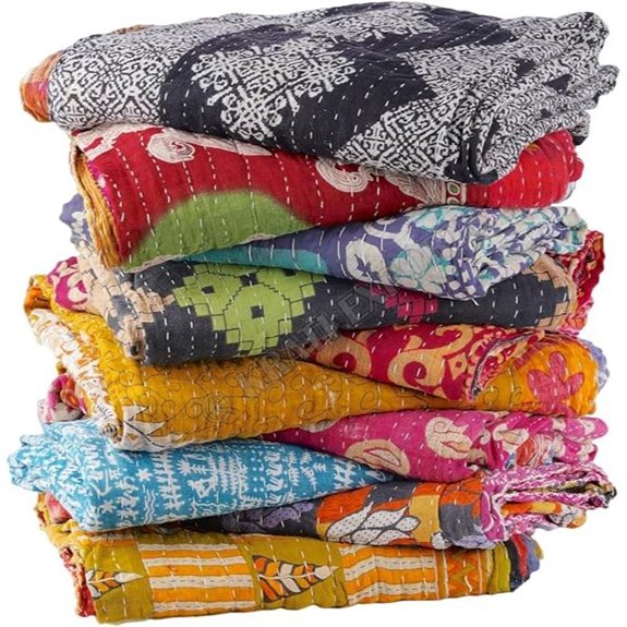 Vintage Kantha Quilt: Handmade Saree Boho Bedspread Blanket