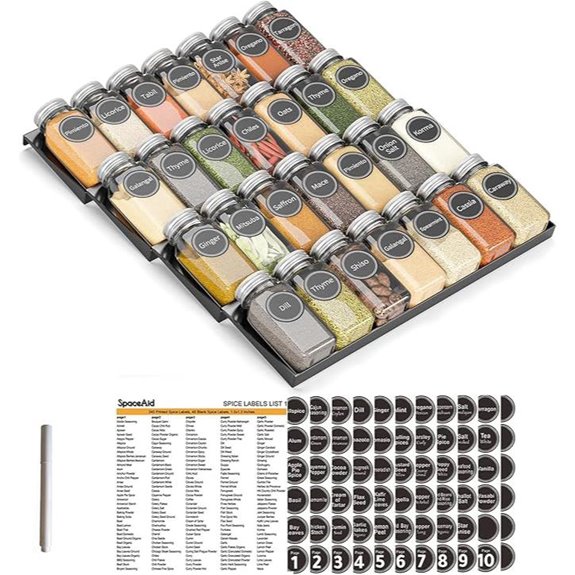 SpaceAid Spice Drawer Organizer with 28 Jars and Labels